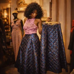 Cliente en jupe matelassée bleue dans la boutique