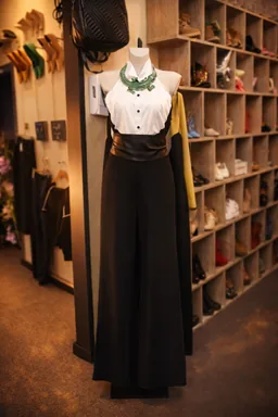 Mannequin en ensemble noir et collier vert devant les étagères à chaussures